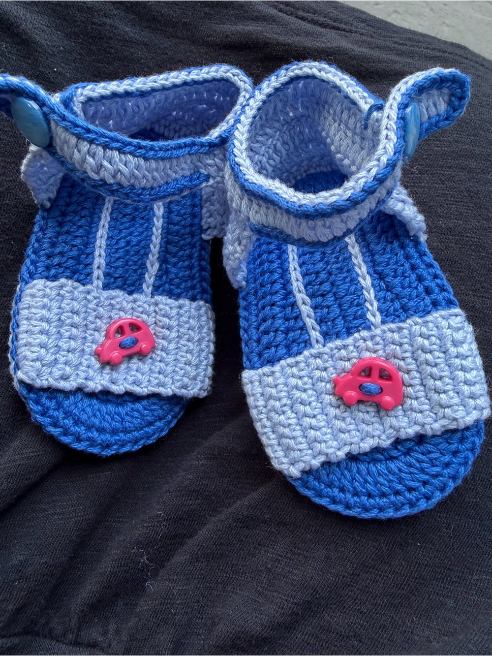 Handmade Blue Crochet Baby Sandals with  Car Accent